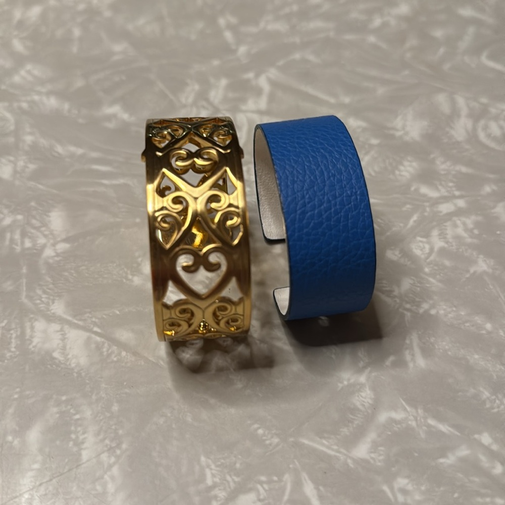 Brighton convertible, goldtone filigree cuff with removable, blue leather insert